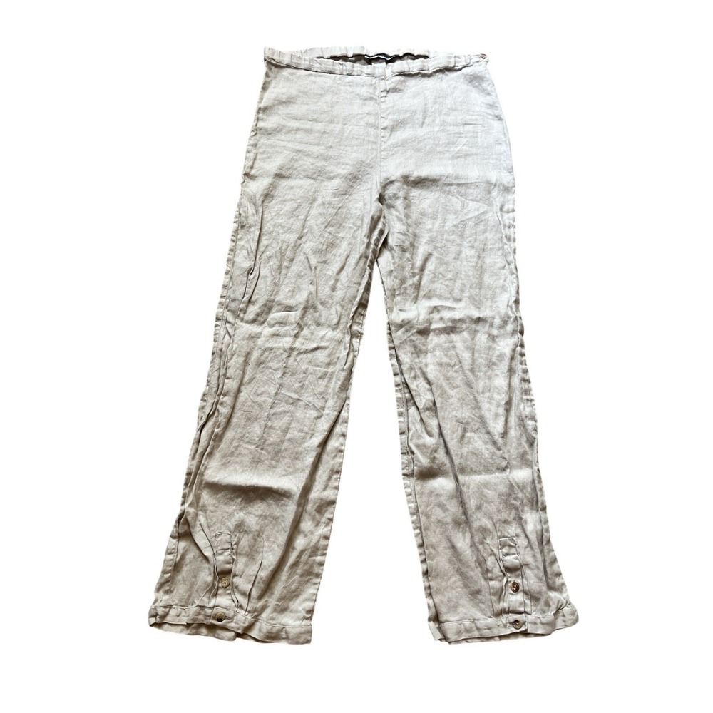 Sarah Pacini Women's Linen Wide Leg Italian Linen Beige Cropped Pants Medium